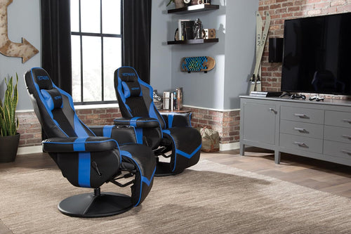 Blue 900 Gaming Recliner with adjustable leg rest, cupholder, plush upholstery, ideal for comfortable gaming sessions.