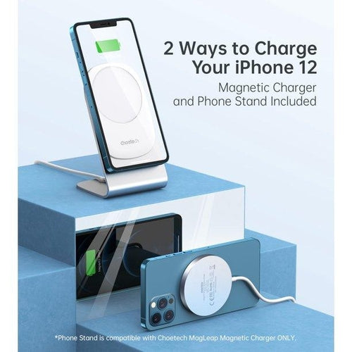 CHOETECH MagLeap Magnetic Wireless Charger & Stand in black with metallic accents, showing its stand and charging surface for easy device charging.