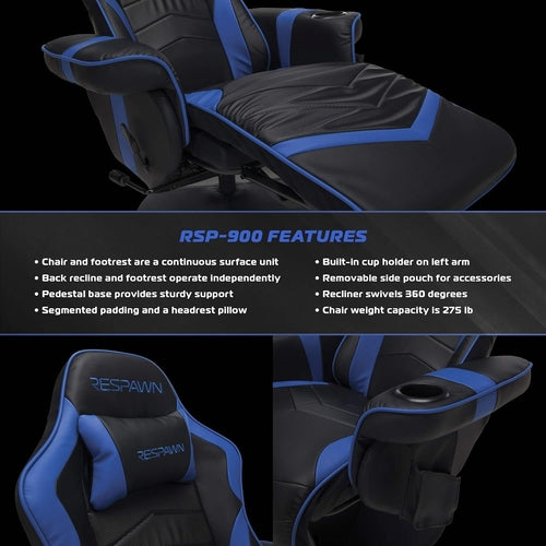 Blue 900 Gaming Recliner with adjustable leg rest, cupholder, plush upholstery, and ergonomic design for comfortable gaming.