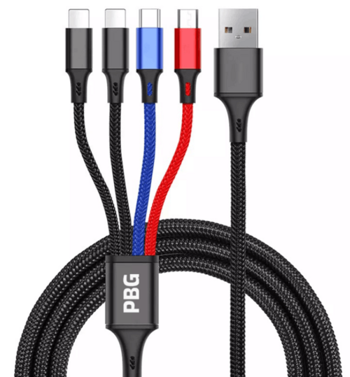 4-in-1 Multi Charging Cable 2 Pack with white and black connectors, 4FT length, compatible with phone, Type C, and Micro USB devices