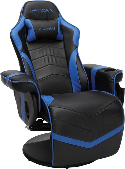 Blue 900 Gaming Recliner with adjustable leg rest, cupholder, plush upholstery, and ergonomic design for gaming comfort.