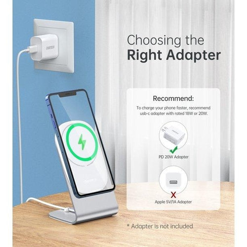 CHOETECH MagLeap Magnetic Wireless Charger & Stand in black, showing a smartphone charging wirelessly on the sleek stand.