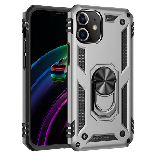 Tech Armor Ring Stand Grip Case with Metal Plate for iPhone 12 Mini, black silicone case with ring grip and metal plate for secure hold
