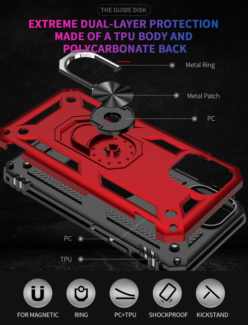 Tech Armor Ring Stand Grip Case with Metal Plate for iPhone 12 Mini, black silicone case with built-in ring stand and metal grip plate.
