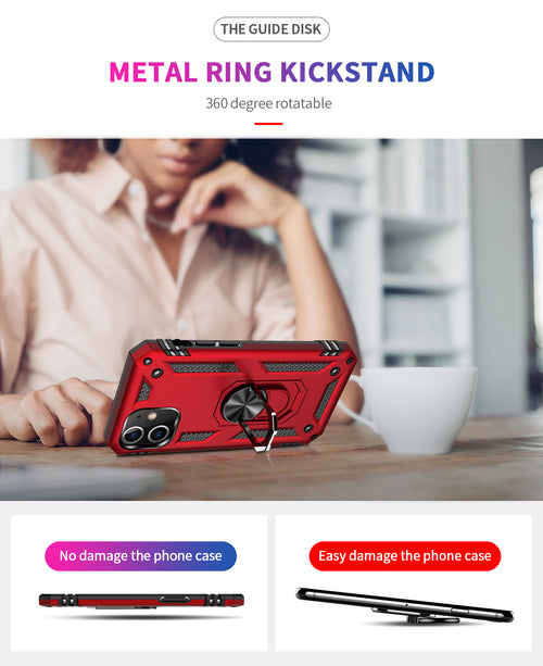 Tech Armor Ring Stand Grip Case with Metal Plate for iPhone 12 Mini, black silicone case with built-in ring stand and metal grip plate.