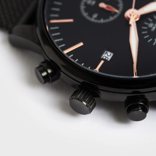 Men's Steel Mesh-Belt Watch featuring a silver case and black dial, suitable for casual and formal occasions.
