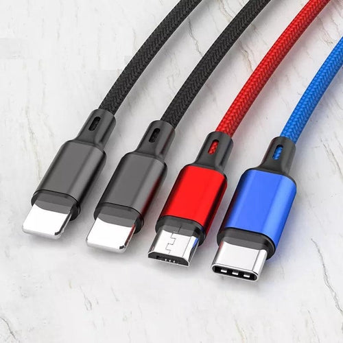 4-in-1 Multi Charging Cable 2 Pack with colorful nylon braid, compatible with Phone, Type C, Micro USB, 4FT length