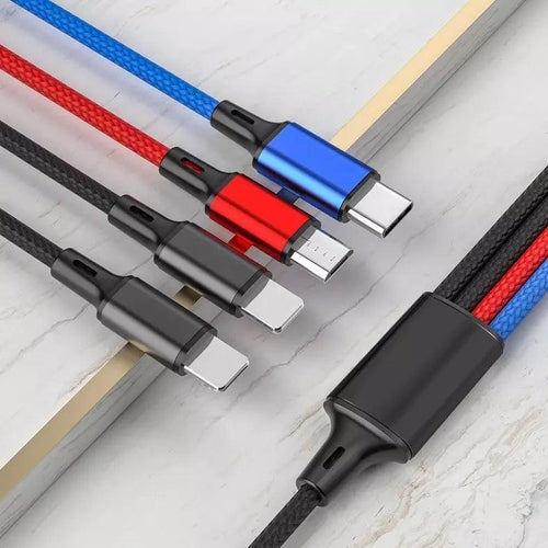 4-in-1 Multi Charging Cable 2 Pack with USB Type C, Micro USB, and Phone connectors, 4 feet long, black and gray nylon braided design