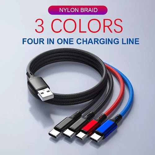 4-in-1 Multi Charging Cable 2 Pack with colorful nylon braided design, 4-foot length, compatible with Phone, Type C, and Micro USB devices