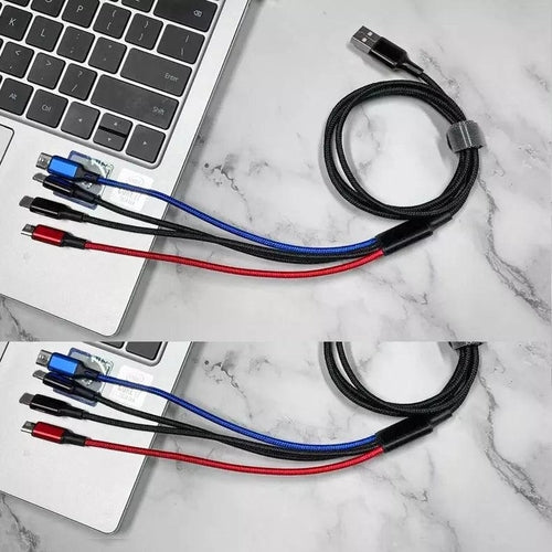 4-in-1 Multi Charging Cable 2 Pack with blue and black connectors, 4-foot length, compatible with Phone, Type C, and Micro USB devices.