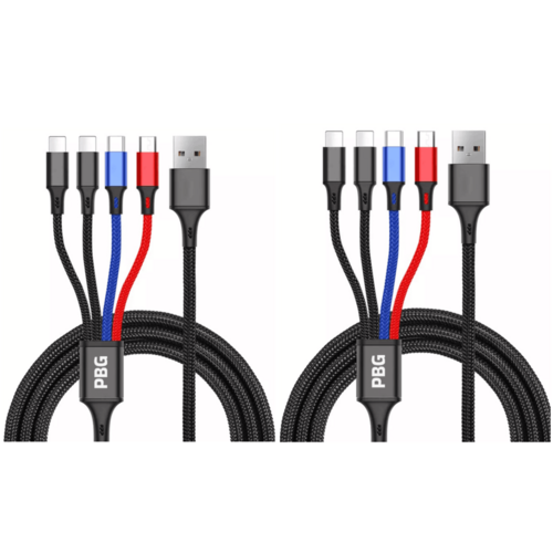 4-in-1 Multi Charging Cable 2 Pack with blue and black connectors, 4-foot length, compatible with phones, Type C, and Micro USB devices