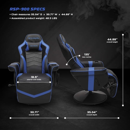 Blue 900 Gaming Recliner with adjustable leg rest, cupholder, plush upholstery, and ergonomic design for gaming comfort.