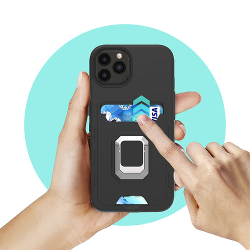 Square Ring Stand with Card Slot Hybrid Case for iPhone 13 Pro Max in black silicone, featuring integrated ring holder and card storage.