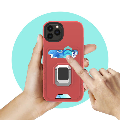 Square Ring Stand with Card Slot Hybrid Case for iPhone 13 Pro Max in black silicone featuring built-in ring holder and card storage.