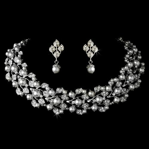 Bridal Wedding Crystal Pearl Fashion Necklace Earrings Jewelry Set with silver-tone finish and sparkling embellishments for special occasions