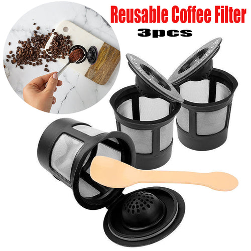 Three reusable coffee filter pods with stainless steel construction and matching spoon for eco-friendly brewing.