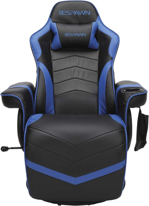 Blue 900 Gaming Recliner with adjustable leg rest, cupholder, plush upholstery, and ergonomic design for gaming comfort.