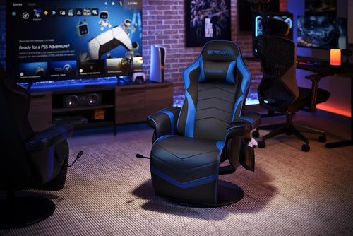 Blue 900 Gaming Recliner with adjustable leg rest, built-in cupholder, plush upholstery, and ergonomic design for gaming comfort.