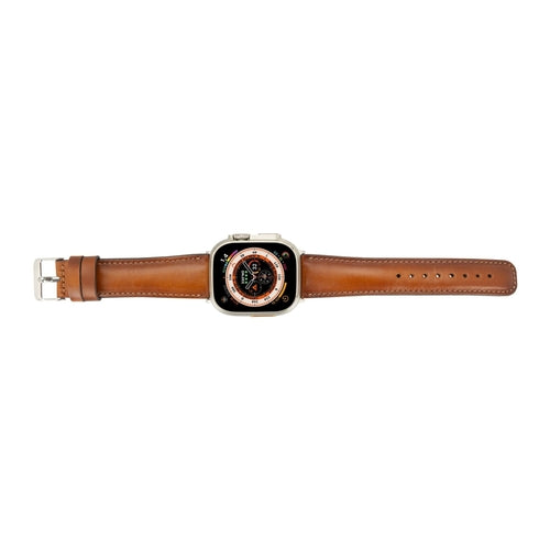 Jackson Leather Bands for Apple Watch 9, Ultra 2 & SE in brown genuine leather with stainless steel clasp for comfortable wear.