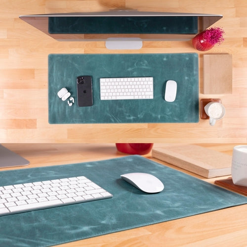 Rawlins Leather Desk Pads in black and brown, made of genuine leather, sizes 36x19 and 14.6x31.5 inches, for office protection.