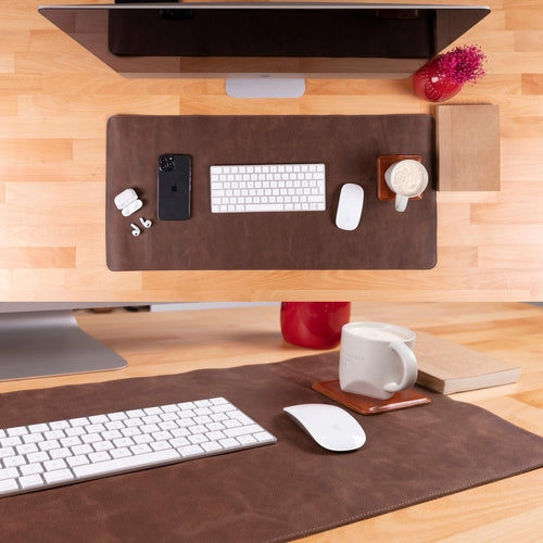 Rawlins Leather Desk Pads in black and brown, genuine leather, sizes 36x19 and 14.6x31.5 inches, for workspace protection.