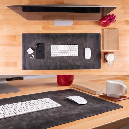 Rawlins Leather Desk Pads in black and brown, available in 36x19 and 14.6x31.5 inches, made of genuine leather for workspace protection.