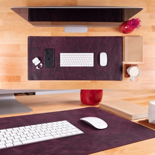 Rawlins Leather Desk Pads in brown and black, 36x19 and 14.6x31.5 inches, made of genuine leather for workspace protection.