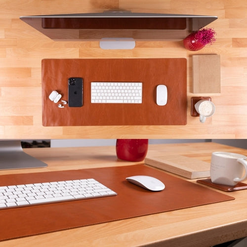 Rawlins Leather Desk Pads in black and brown, genuine leather, measuring 36x19 and 14.6x31.5 inches, for office surface protection