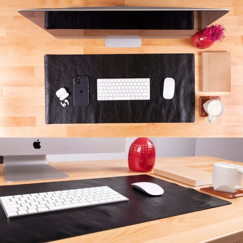 Rawlins Leather Desk Pads in brown, 36x19 and 14.6x31.5 inches, made of genuine leather for office surface protection.